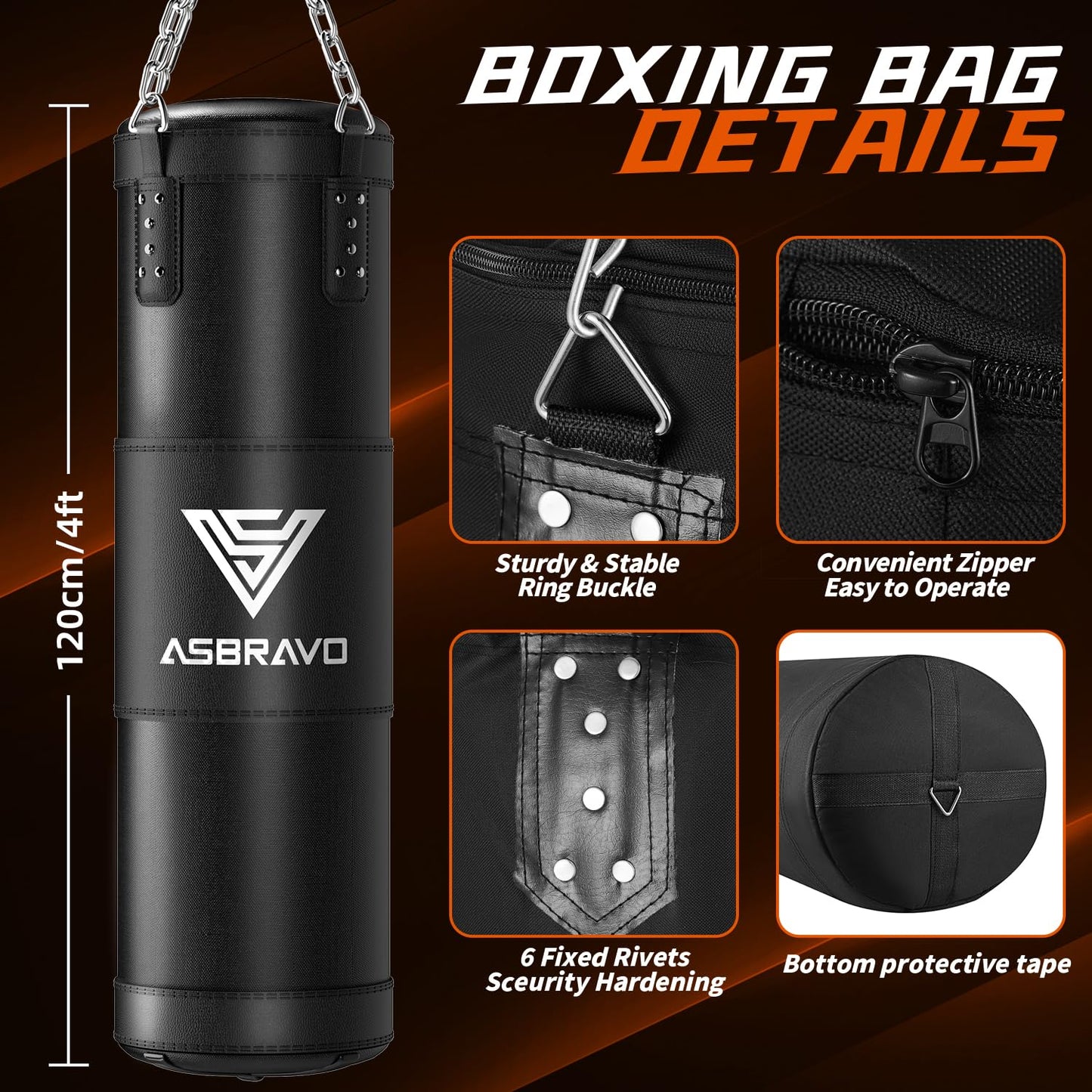 ASBRAVO Punching Bag for Adults, 4ft Heavy Boxing Bag Set with 12 OZ Gloves for MMA Karate Kickboxing Boxing Home Gym Training - Unfilled