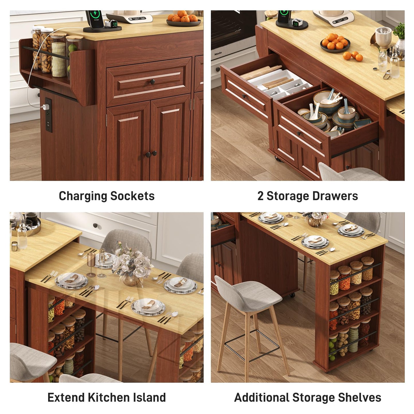 80"-48" Extendable Kitchen Island with Extended Dining Table and Power Outlet,Large Mobile Kitchen Storage Islands with 2 Storage Drawers,Rolling Islands Cart with 3 Extra Rows Open Shelves(Brown)
