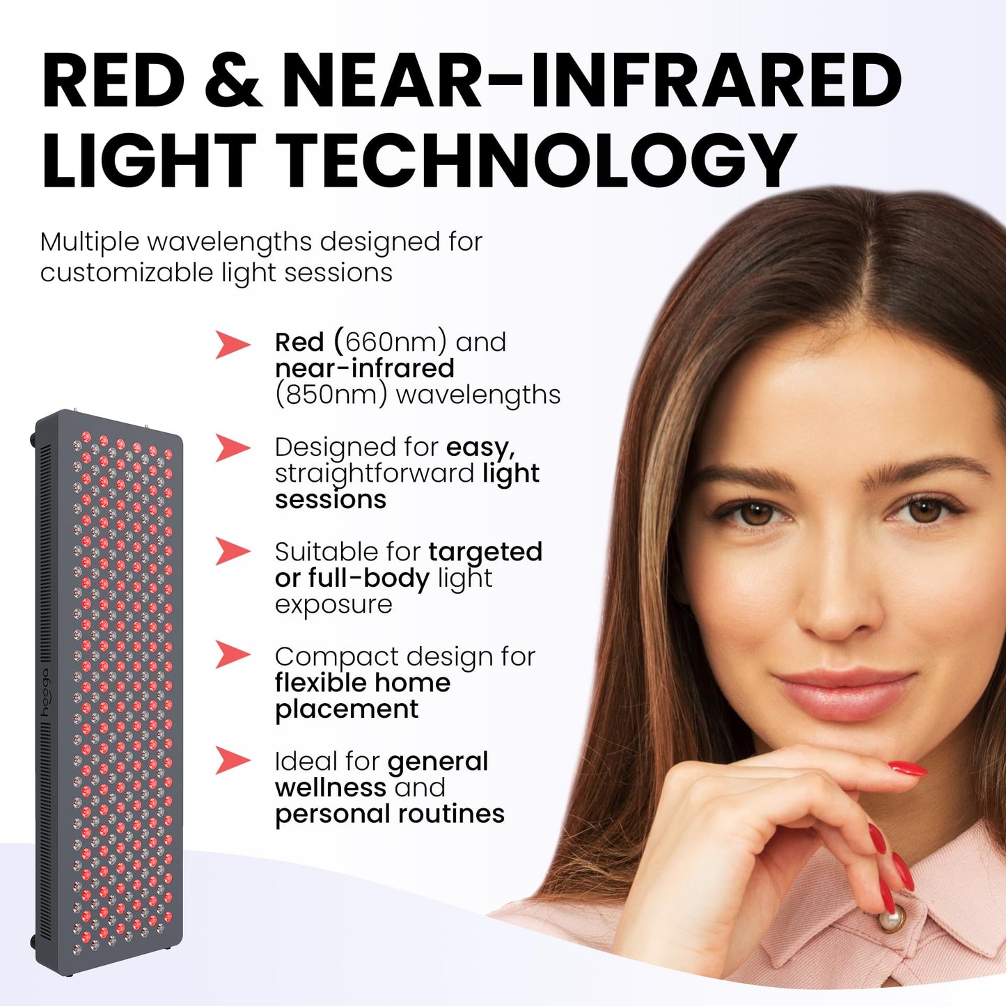 Hooga HG500 Red Light Panel with Near Infrared LED Light, 100 LEDs 660nm 850nm Dual Wavelength, Built-in Timer, Hanging Kit Included.