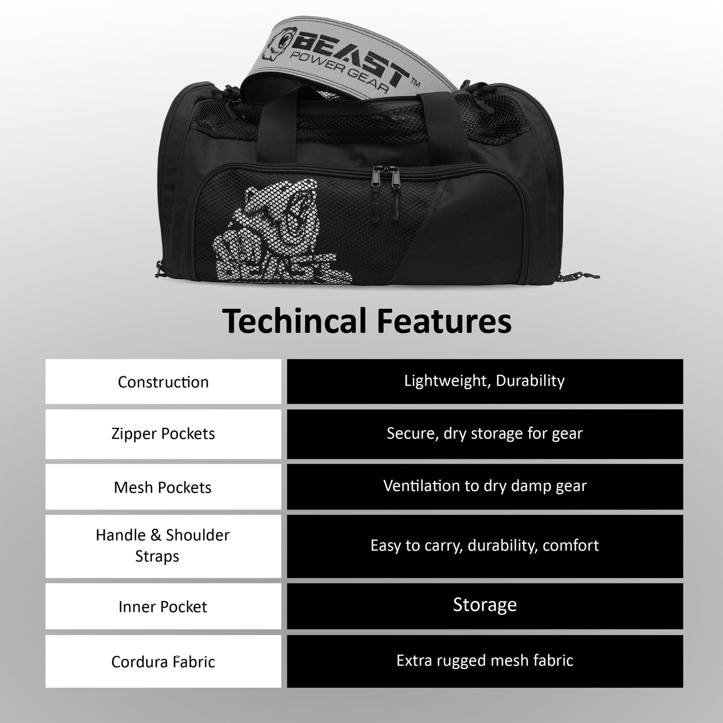 Beast Power Gear Gym Duffle Bag - Workout, Boxing, MMA, Sports Bag with Shoes Compartment and Adjustable Shoulder Strap for Men and Women (Black/White)