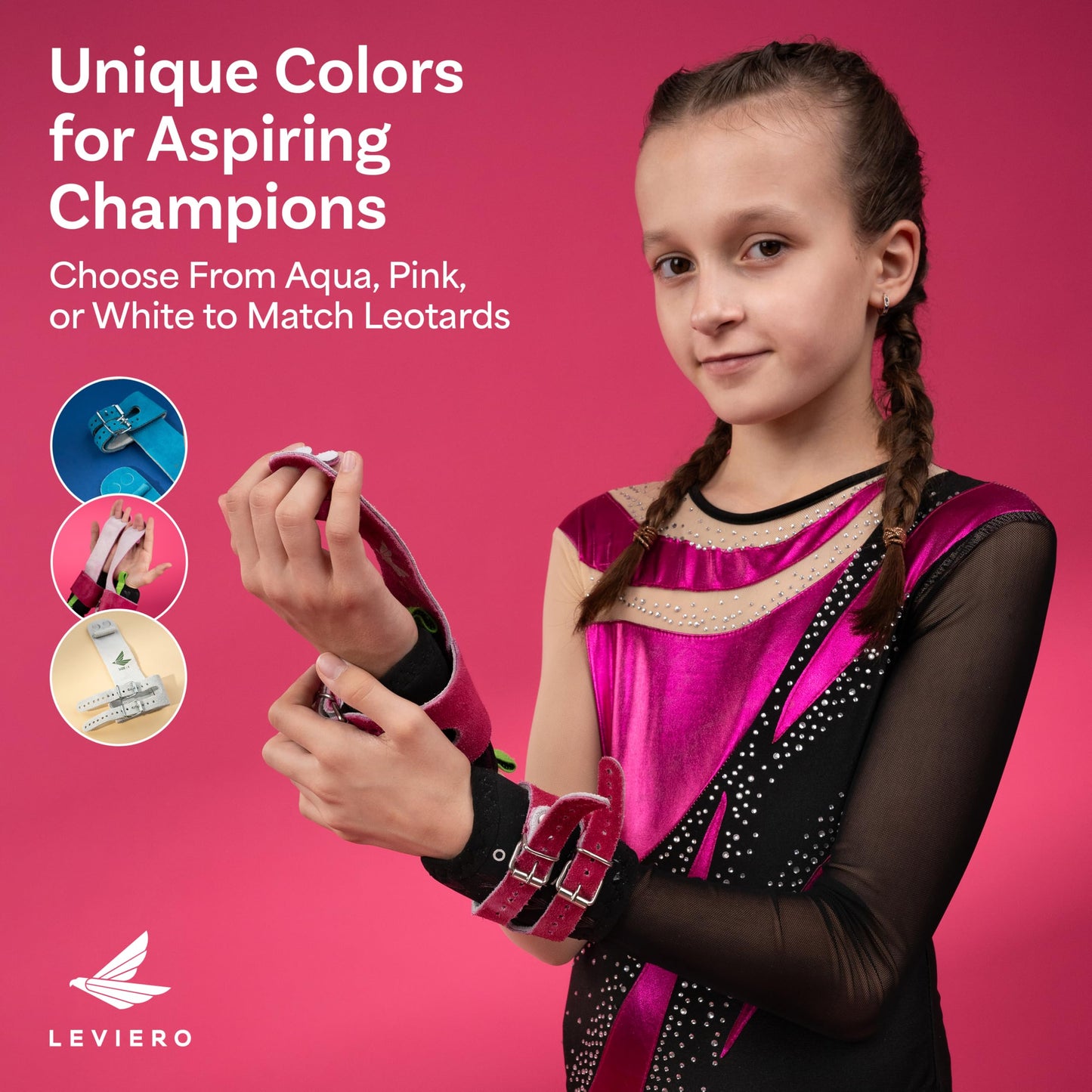 LEVIERO Gymnastics Grips Set, Grips for Gymnastics Girls, Dowel Grips with Soft Leather, Double Buckle Wrist Closure, and Adjustable Finger Holes, for All Ages - (Pink, 000)