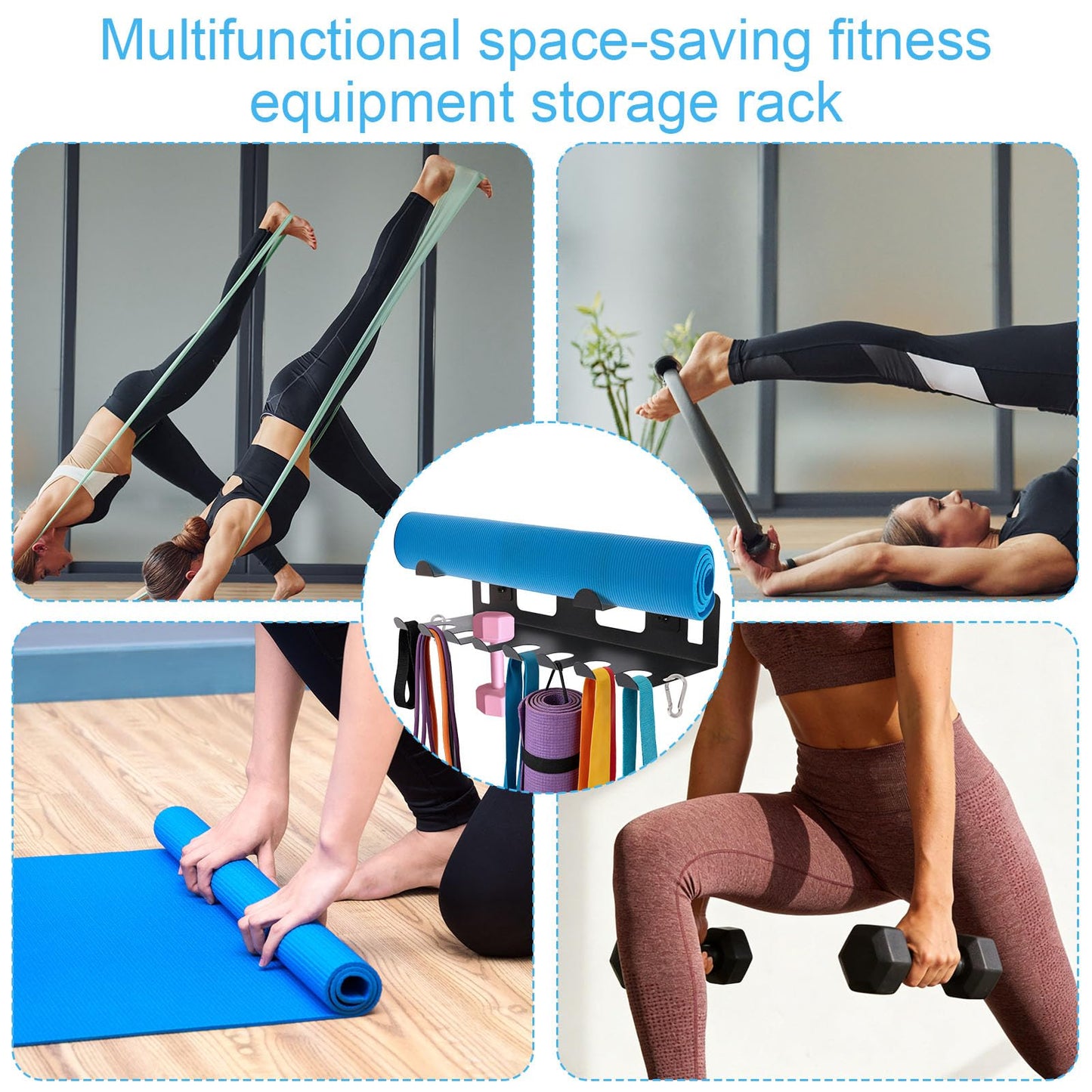 Multi-Purpose Gym Equipment Storage Rack, Heavy Duty Wall Mount Home Gym Organization with Carabiner for Resistance Bands Yoga Mat Jump Ropes Weight Belts Straps
