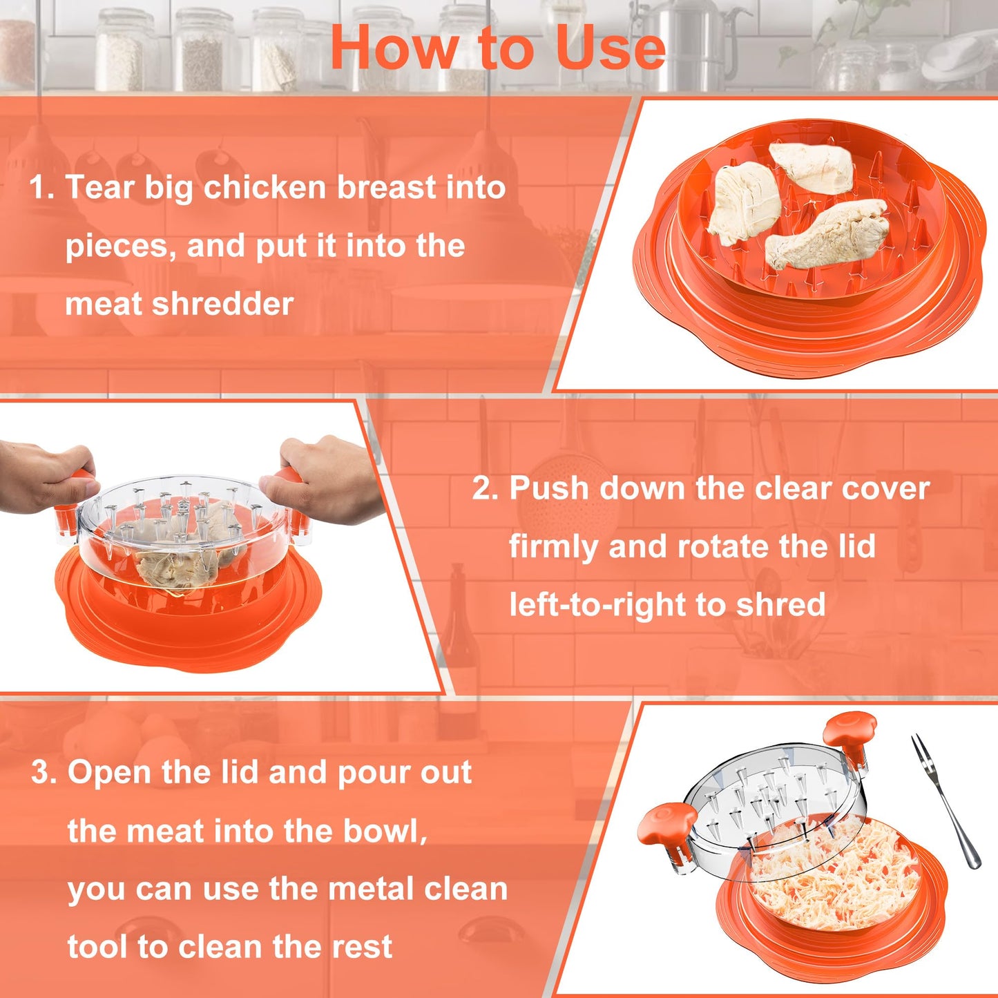 SURETIVIAN Chicken Shredder Tool Twist Large Chicken Breast Shredder with Brush&Fork, Visible Meat Shredder Machine, Anti-Slip Strip, Ergonomic Handle, BPA Free, Suitable for Pork Beef Chicken(Orange)