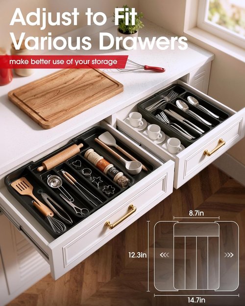 Aujen Silverware Organizer - Expandable Utensil Tray for Kitchen Drawers | Adjustable Cutlery Storage, Black, Medium