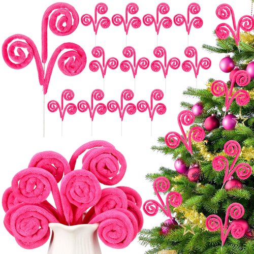 Daifunli 12 Pcs Hot Pink Curly Christmas Tree Picks Velvet Curl Decoration Spiral Curly Tree Topper Ornaments DIY Crafts for Wreath Fireplaces Vase Filler Holiday Ornament, 12 Inch