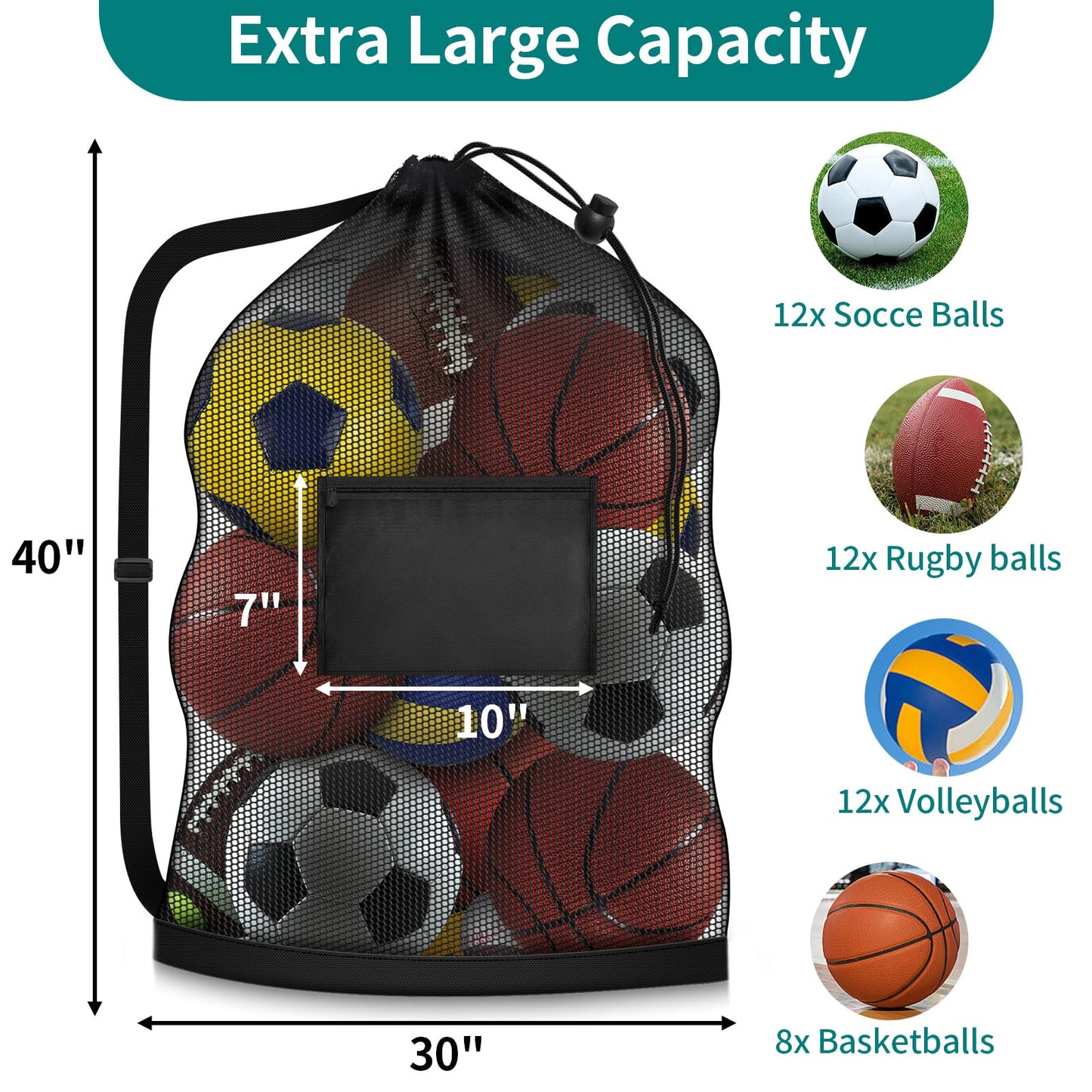 Hoiny Extra Large Soccer Ball Bag, 40" x 30" Drawstring Mesh Ball Bag with Pocket, Heavy Duty Sport Net Sack for Coaches, Storage Bag for Basketball, Volleyball, Gym Equipment, Swimming Gear (1)