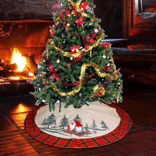 Juegoal 32-Inch Christmas Burlap Tree Skirt - Soft Red & Black Plaid with Gnome Sledding Design