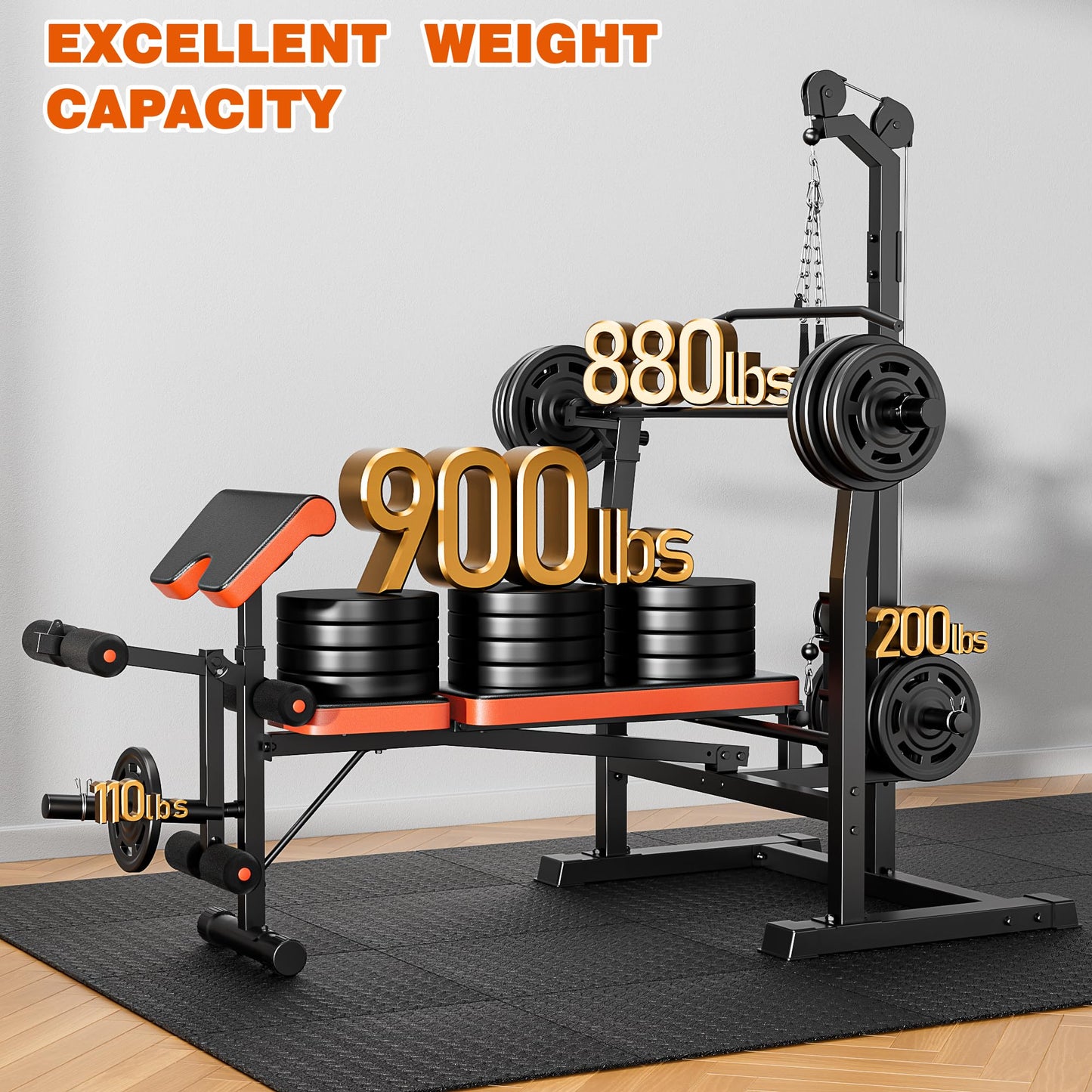 XDDIAS Weight Bench, 9 in 1 Olympic Weight Bench Set with LAT Pulldown and Rowing, 900LBS Bench Press Set with Leg Extension and Preacher Pad, Flat Incline Bench with Weight Plates