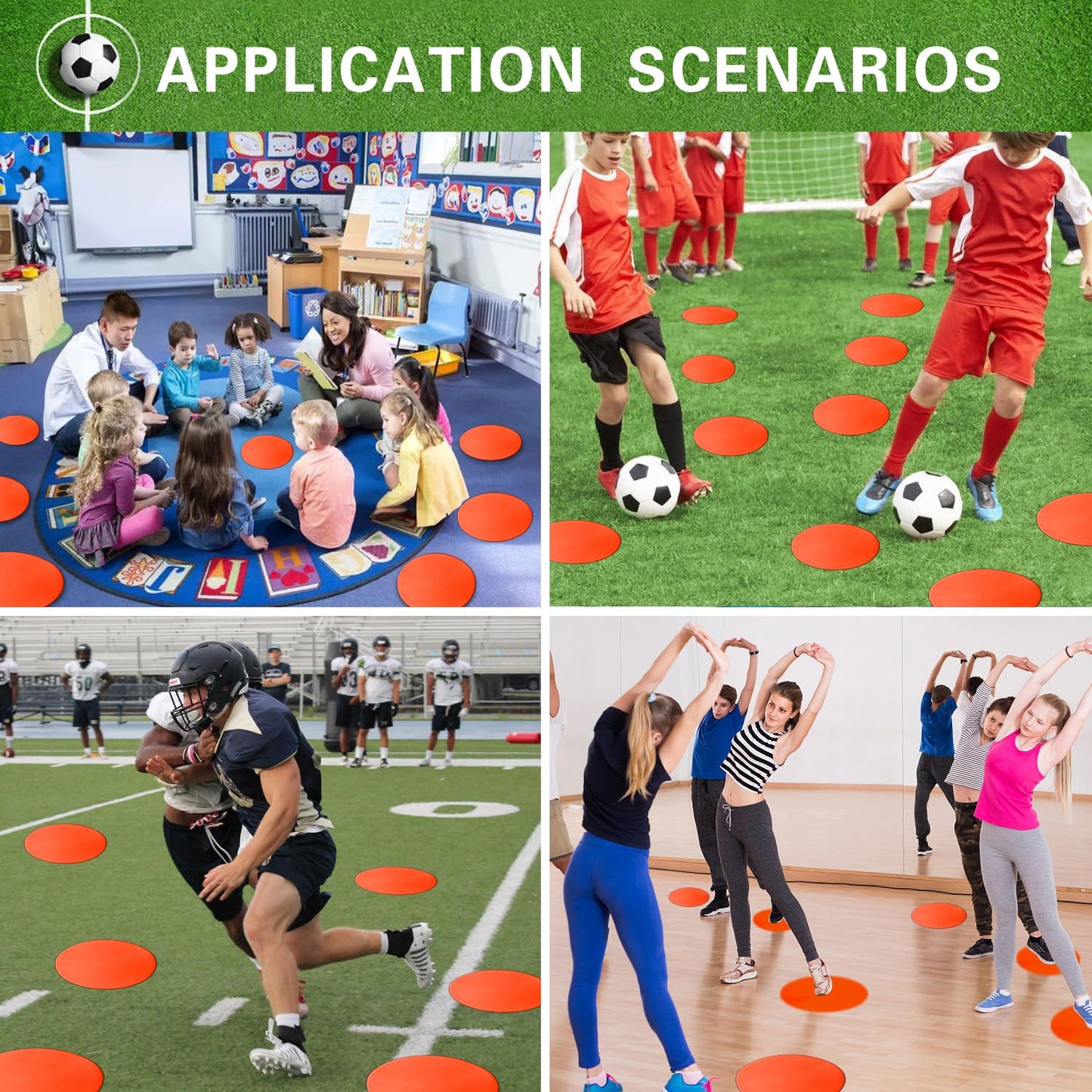 PIKZH Poly Spot Markers 9 inch 12 Pcs Non-Slip Rubber Agility Training Markers Floor Dots Flat Field Cones for Football Soccer Ball Basketball School Exercise Drills Gym Dance Practice TPE Orange Red
