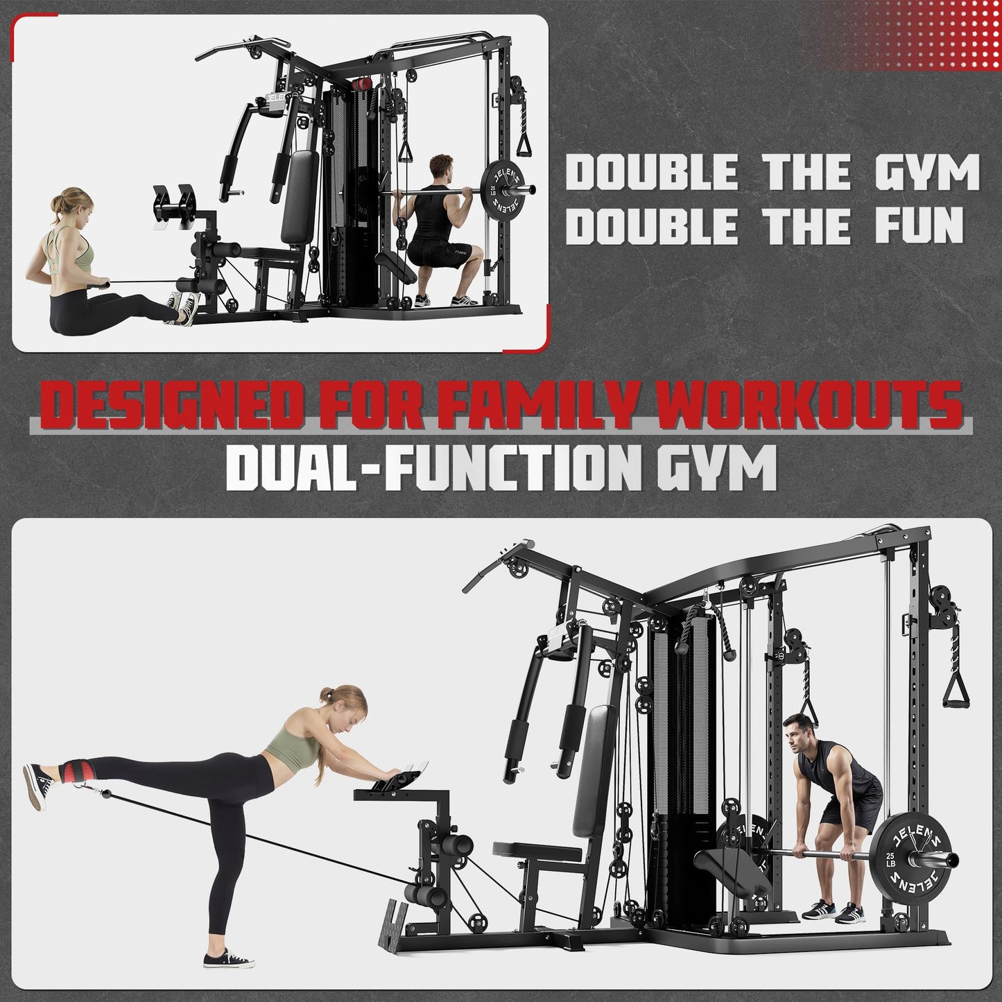 JELENS Home Gym System, 150LB Weight Stack Smith Machine with LAT Pull-Down & Leg Press, All-in-One Strength Training Equipment, Workout Station for Workout (Black, 230LBS Black Weights Package)