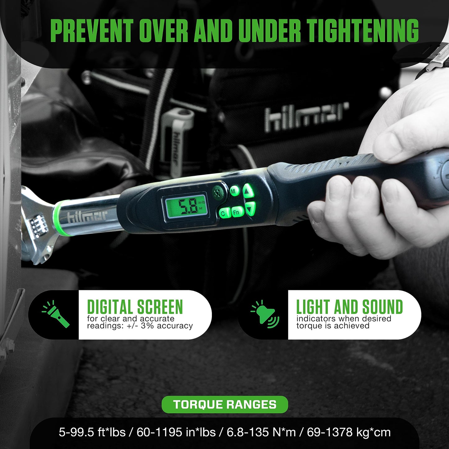 Hilmor 1963826 Digital Adjustable Torque Wrench for Mini-Split, HVAC Tools and Equipment, Digital LCD Screen, Light and Sound Indicators
