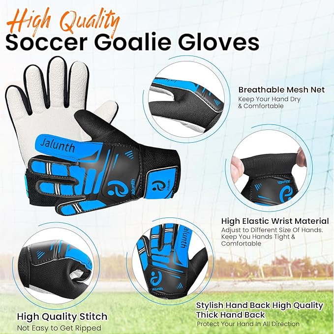 Jalunth Soccer Goalie Gloves Kids Youth Goalkeeper Field Player Gloves Boys Girls Training Grip Goal Keeper Glove Age 4-14 Years Old with Upgraded Anti-Skid Latex Palm