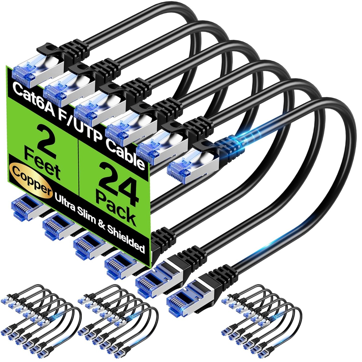 TuokaJu Cat6A 10Gbps 2 (24 Pack), 6, 28AWG Cat6 6a Ethernet Cable Shielded feet Slim Shielded (F/UTP) Ethernet Cable