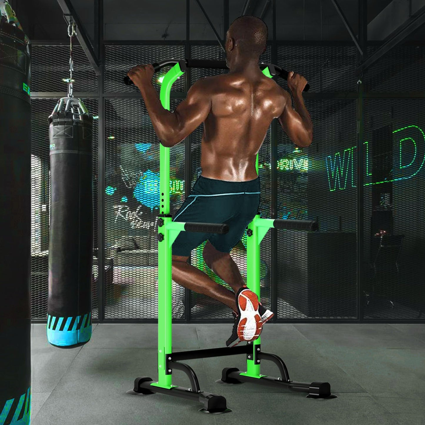 DlandHome Power Tower Dip Station Pull Up Bar for Home Gym Pull Up Bar Station Workout Equipment, Strength Training Fitness,Green