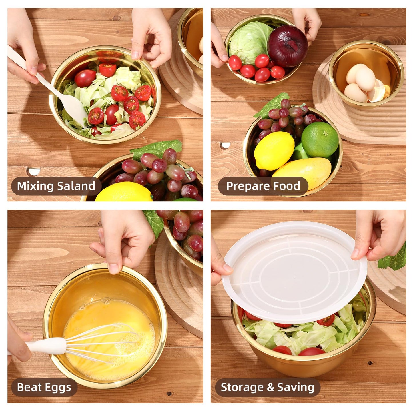 Baderke 7 Pcs Gold Kitchen Accessories Includes Stainless Steel Colander with Handles, 3 Gold Mixing Bowls with Airtight Lids and 3 Fine Mesh Strainer(Colander: 5 Qt, Mixing Bowls: 1.5/2/3 Qt)
