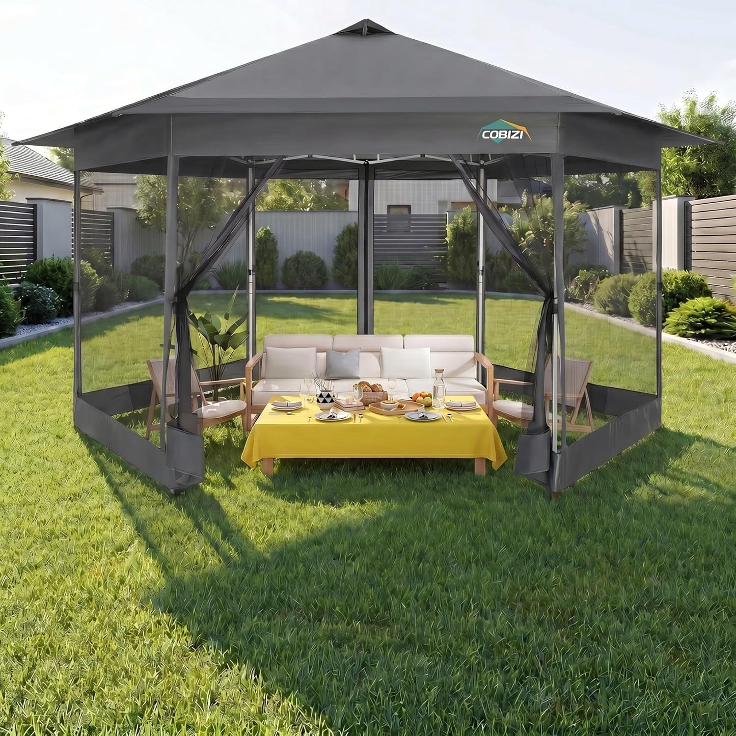 COBIZI 16x16 Pop up Gazebo on Clearance, Hexagonal Outdoor Canopy Tent with Mosquito Netting, Adjustable Height and 256 Square ft of Shade for Party, Backyard, Gardens with Vented Top（Dark Gray）