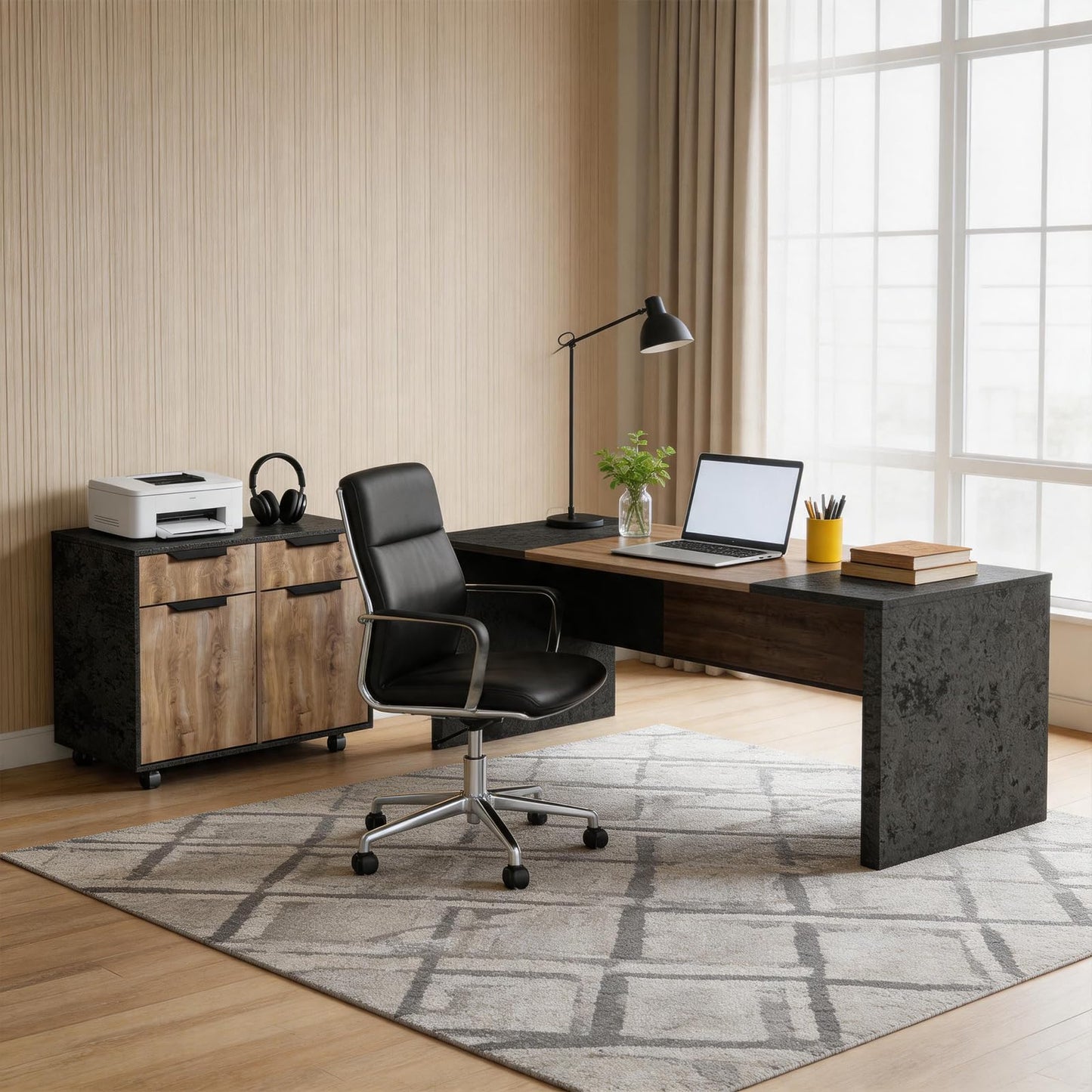 SAINTCY Executive Office Desk with Mobile File Cabinet, L Shaped Desk with Power Outlet & Drawers, Modern Wood Office Desk for Home Office, Studio & Business Workspace (Mahogany, 78.75" W)