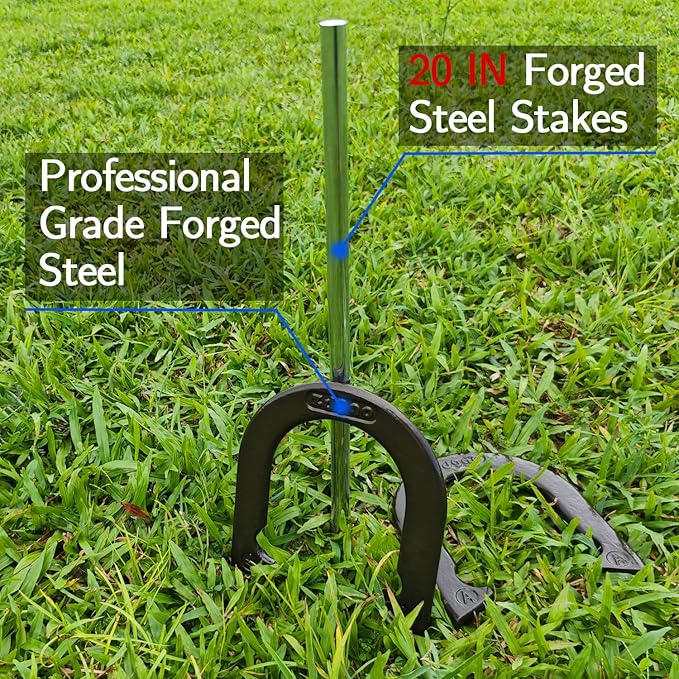 Horseshoes Outside Game Set-Portable Outdoor Horseshoe Set Includes 4 Professional Solid Steel Horseshoes with Solid Steel Stakes & Carrying Bag, Perfect for Backyard and Beach