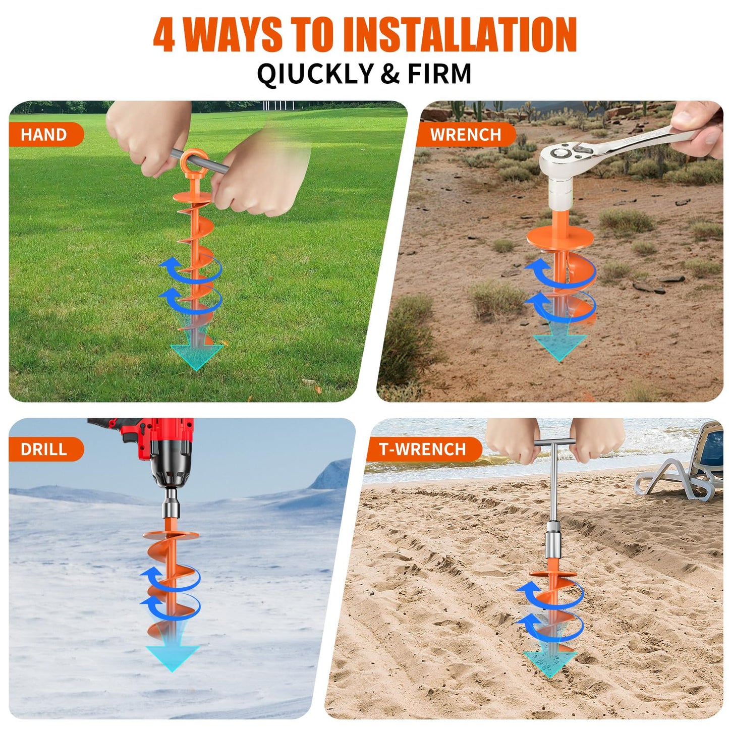 Phopich Ground Anchor Screw in, 4 Pack Spiral Trampoline Anchors with Nut and Tool Swing Set Anchors Tent Stakes High Wind Heavy Duty for Sheds, Carports, Mobile Home Orange