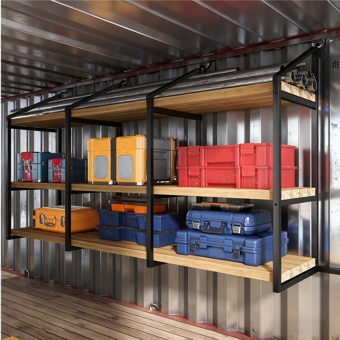 4 Pack Shipping Container Shelving Brackets, 3 Tiers Hanging Shipping Container Accessories, 1100 LBS Load Capacity, Heavy Duty Metal Storage Rack Shelf for Garage, Warehouse, Basement(4 PCS)