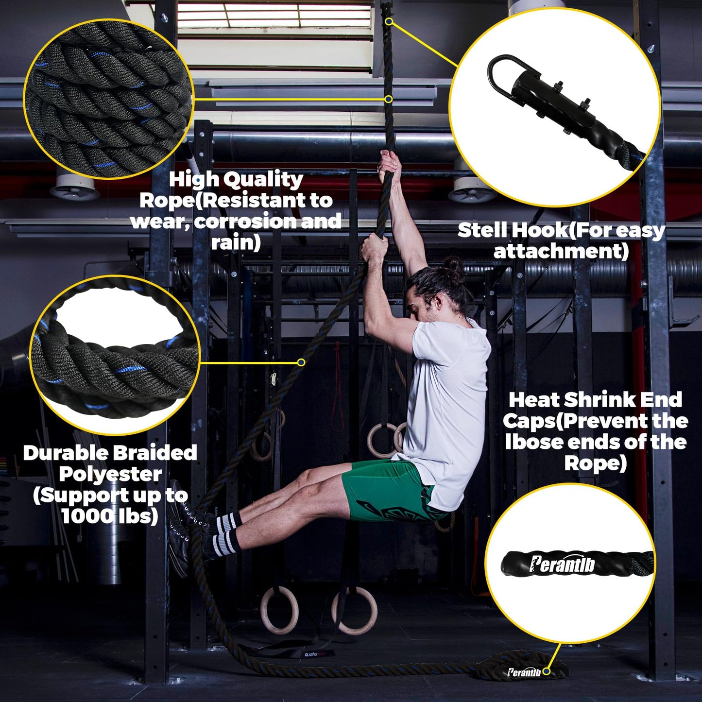 100% Polyester Climbing Rope with Hooks - Heavy Duty 1000LBS Load Capacity, 1.5inch Diameter, 10,15,20,25,30,50ft Length for Outdoor Rock Climbing, Rescue & Escape (20ft)