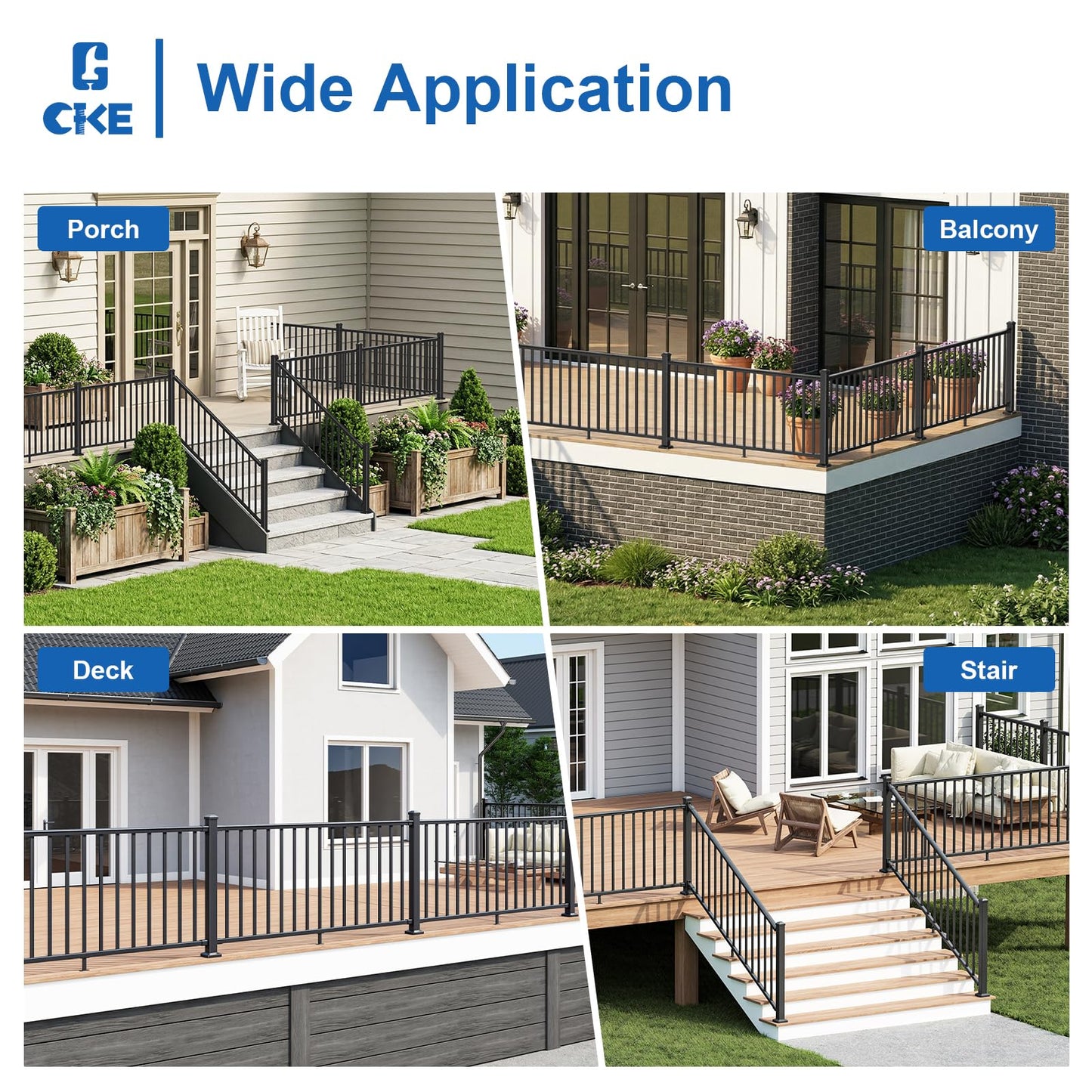 CKE 36 in. H x 8 ft. W Porch and Deck Railing Kit with Post, Aluminum Railing Kit, AAMA 2604 Black Textured Powder-Coat Finish Railing System for Outdoor Decks, Porches & Balconies(1 Post, 1 Panel)