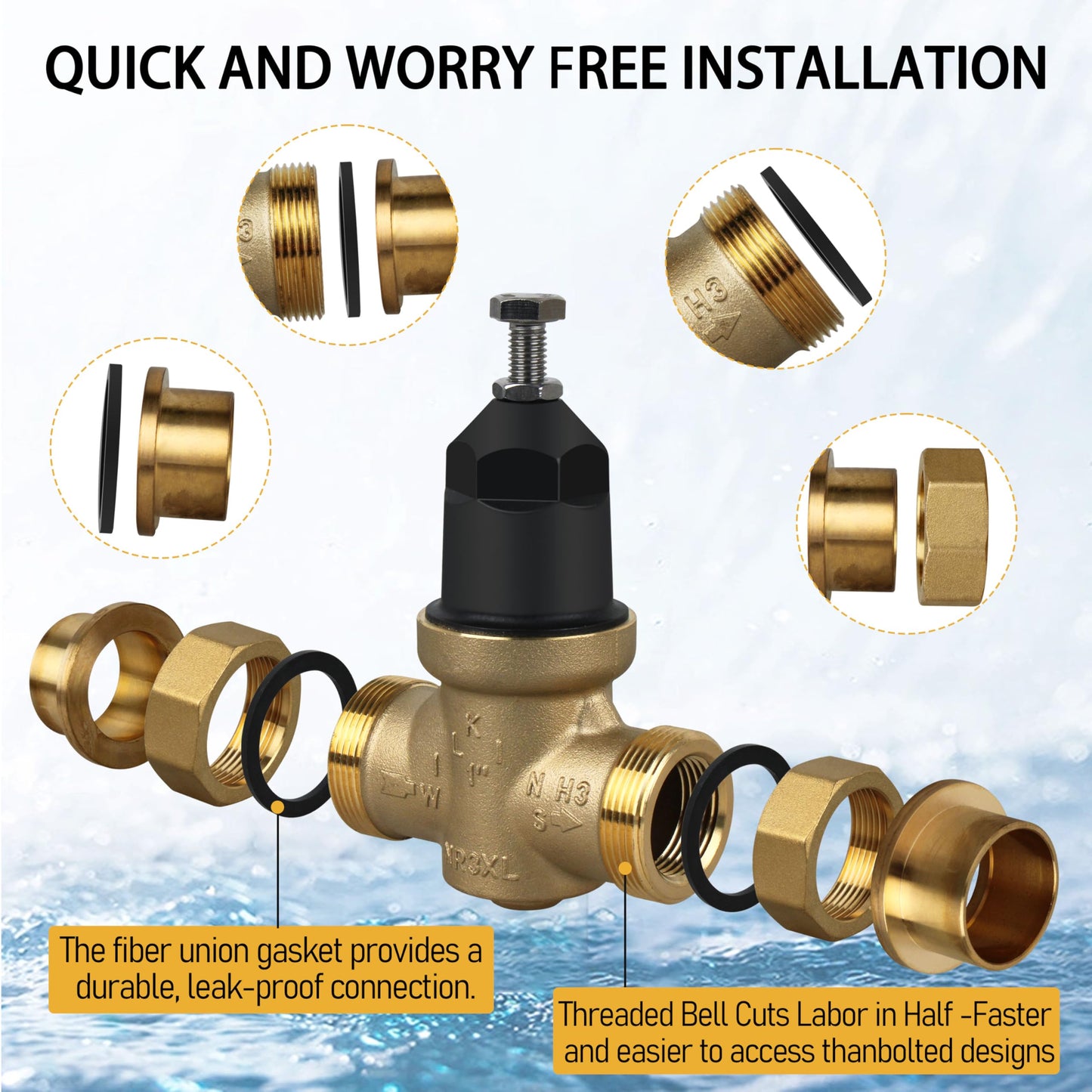 1-NR3XLDU 1" NR3XL Pressure Reducing Valve with Double Union FNPT Connection,Water Savings And Energy Savings Fits Home & Public Entrances