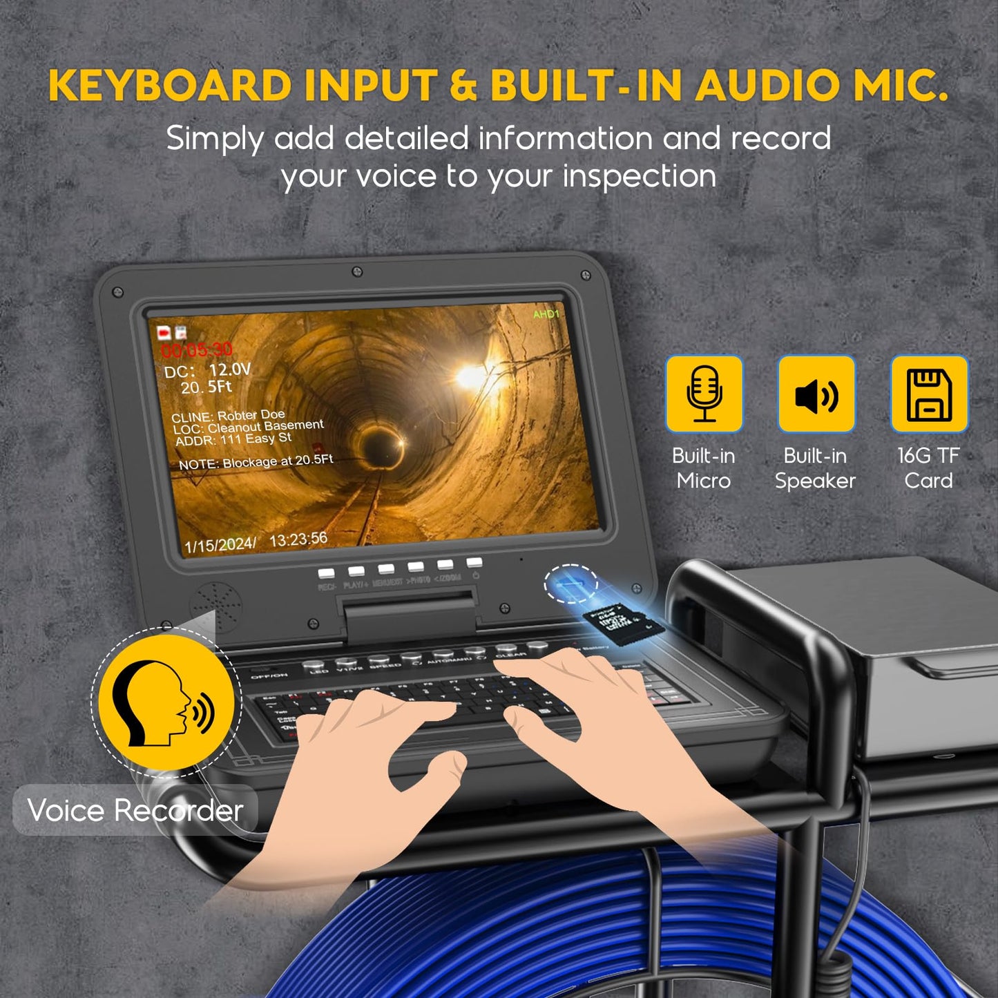 Anysun Sewer Camera 512Hz, Self-Leveling & Distance Counter, 7mm Thicker Cable, Keyboard, 10" IPS Adjustable Monitor,1-Touch Video/Audio, Drain Pipe Inspection Camera IP68 with DVR & 16GB Card - 165Ft