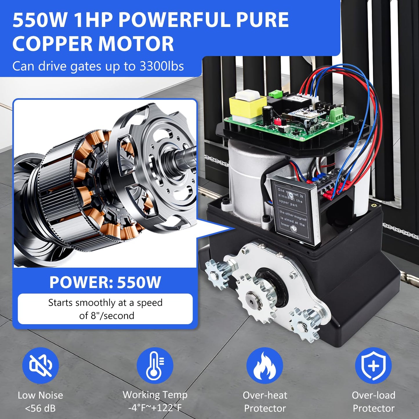 3300LBS Automatic Sliding Gate Opener with 6 Remote Controls,550W Electric Rolling Driveway Slide Gate Operator Hardware Security System Kit for Sliding Gate Up to 40 Feet (APP Control)