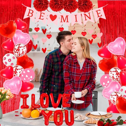 DBKL I Love You Balloons, Surprise for Girlfriend, I Love You Pink Red Heart Balloons With 1000 Pcs Dark-Red Rose Petals for Marriage Proposal Wedding Anniversary Valentine's Day
