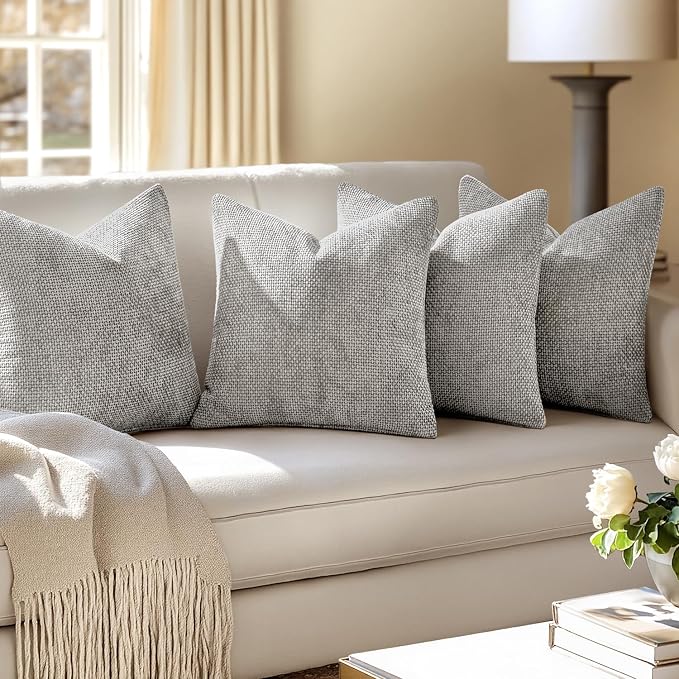 MIULEE Pack of 4 Couch Throw Pillow Covers 20x20 Inch Light Gray Soft Decorative Chenille Pillow Covers Farmhouse Accent Cushion Covers for Boho Spring Home Decor Sofa Bedroom Living Room