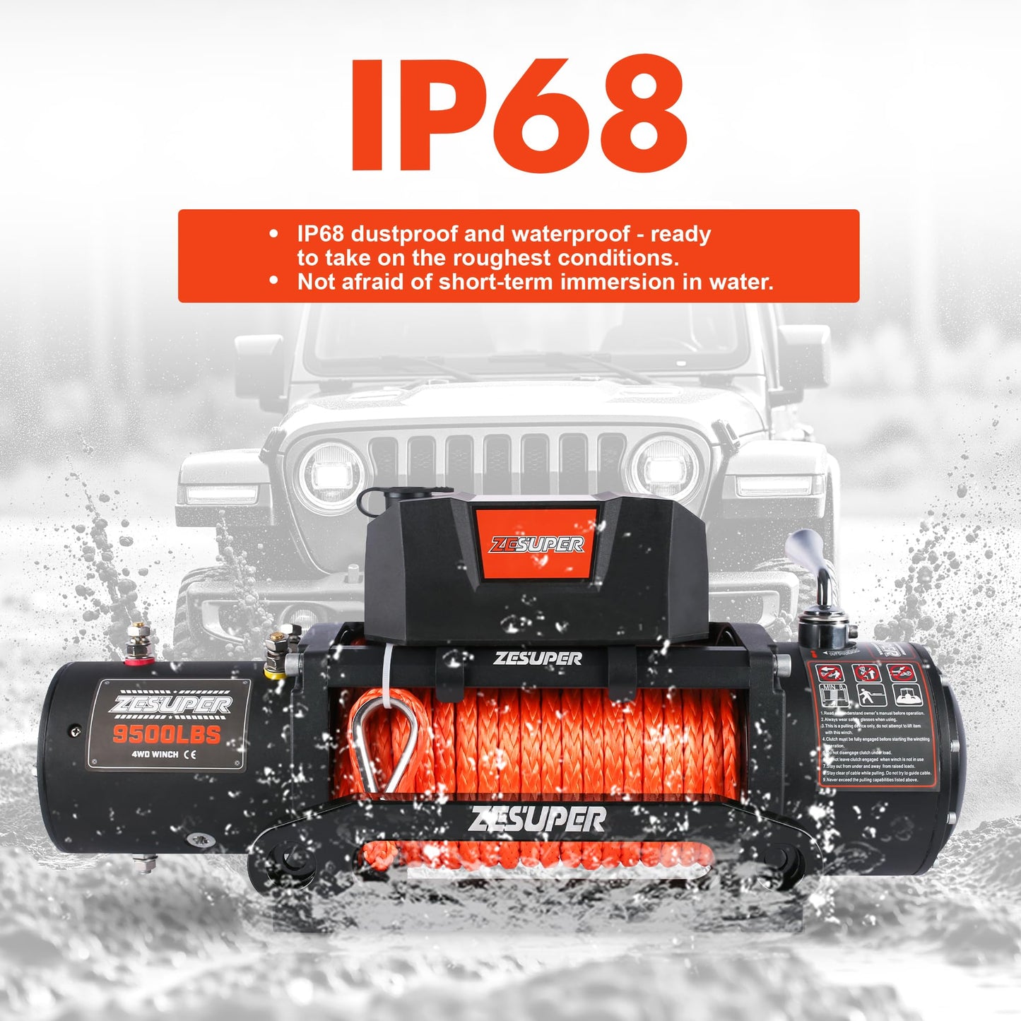 ZESUPER 9500 lb Load Capacity Electric Winch,12V Waterproof IP68 Winch with Wireless Handheld Remotes, Wired Switch,Hawse Fairlead, 80ft Synthetic Rope Winches for Jeep Trailer Truck Off-Road Vehicle