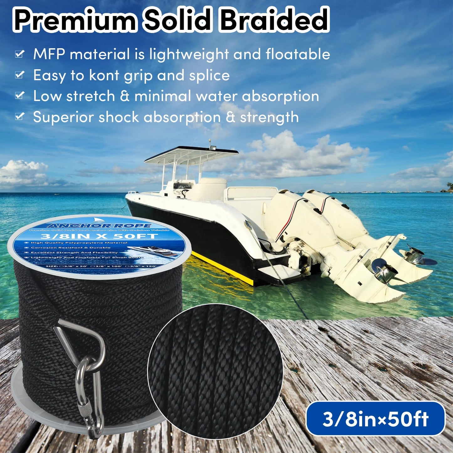 Anchor Rope 3/8in x 50FT,Premium Solid MFP Braided Anchor Ropes Anchor Line,Boat Anchor Rope with Stainless Steel Thimble & Snap Hook,Marine Rope for Anchors and Boats (Black)