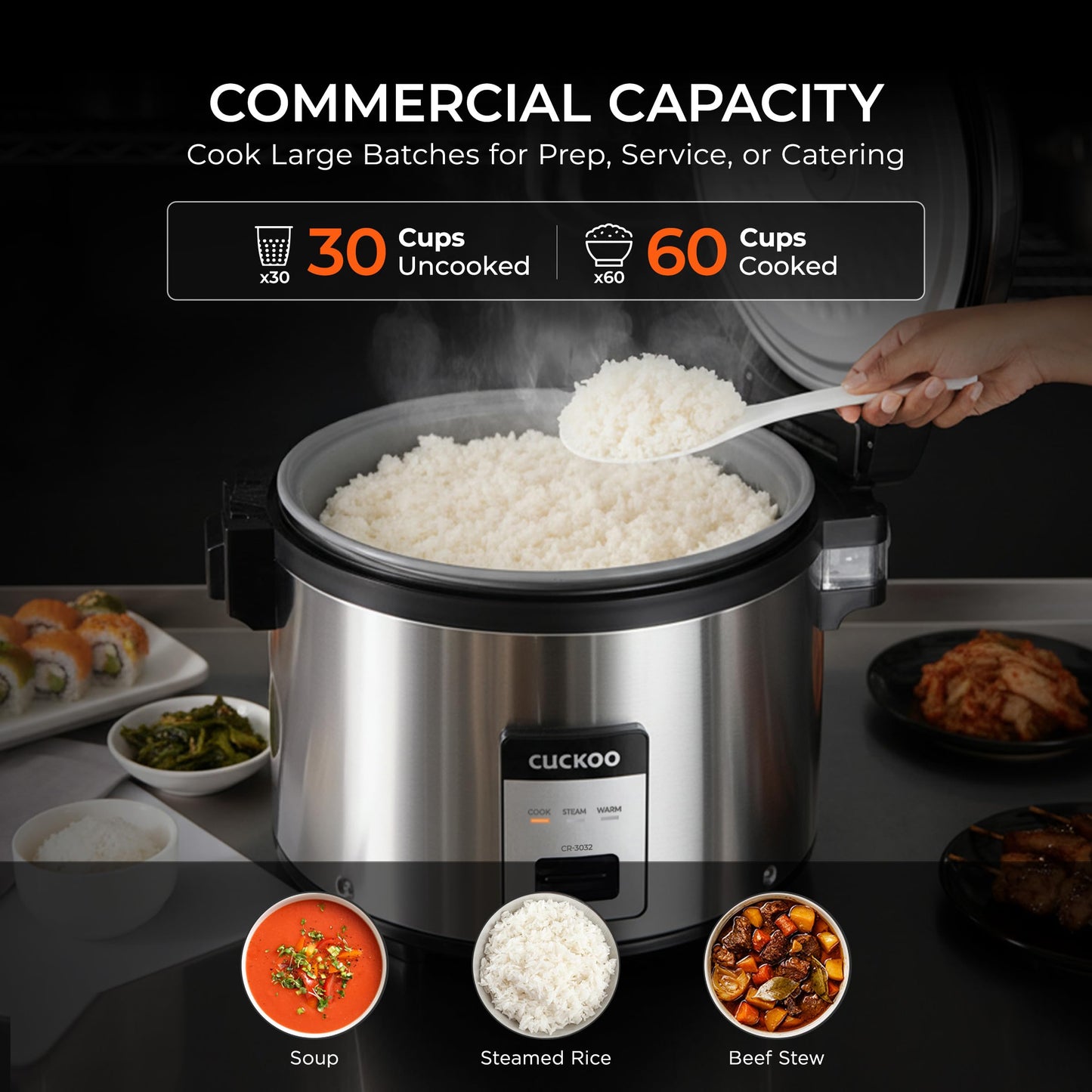 CUCKOO Commercial Rice Cooker & Warmer, Extra Large Rice Cooker 30-Cup Uncooked / 60-Cup Cooked, Professional Industrial Grain Cooker with Large Capacity, Easy One-Touch Operation, Silver (CR-3032)