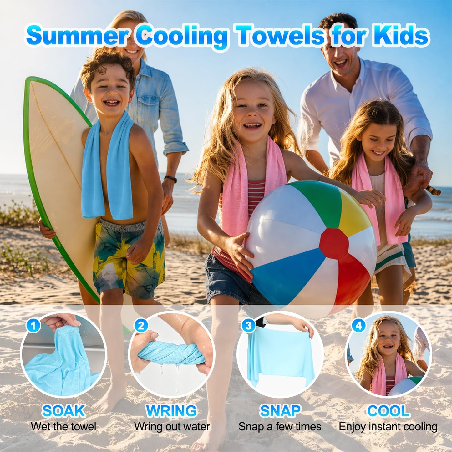 BobbleT 4 Pack Kids Cooling Towels, 30" x 9" Cooling Towels for Neck and Face, Soft Breathable Cooling Neck Wraps for Boys & Girls, Ideal for Sports, School, Summer Camp & Outdoor Use