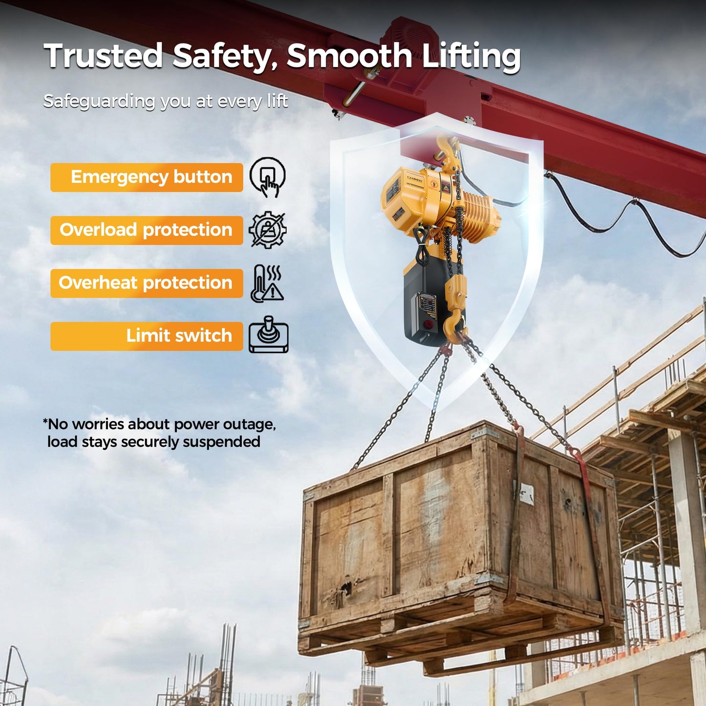 CAMMOO Electric Chain Hoist, 2200 lbs Load, 20 ft Lifting Height, Extended 492 ft Wireless & 20 ft Wired Remote Control, Brushless Copper Motor, DT Carburized Chain, IP65 for Warehouse, Construction