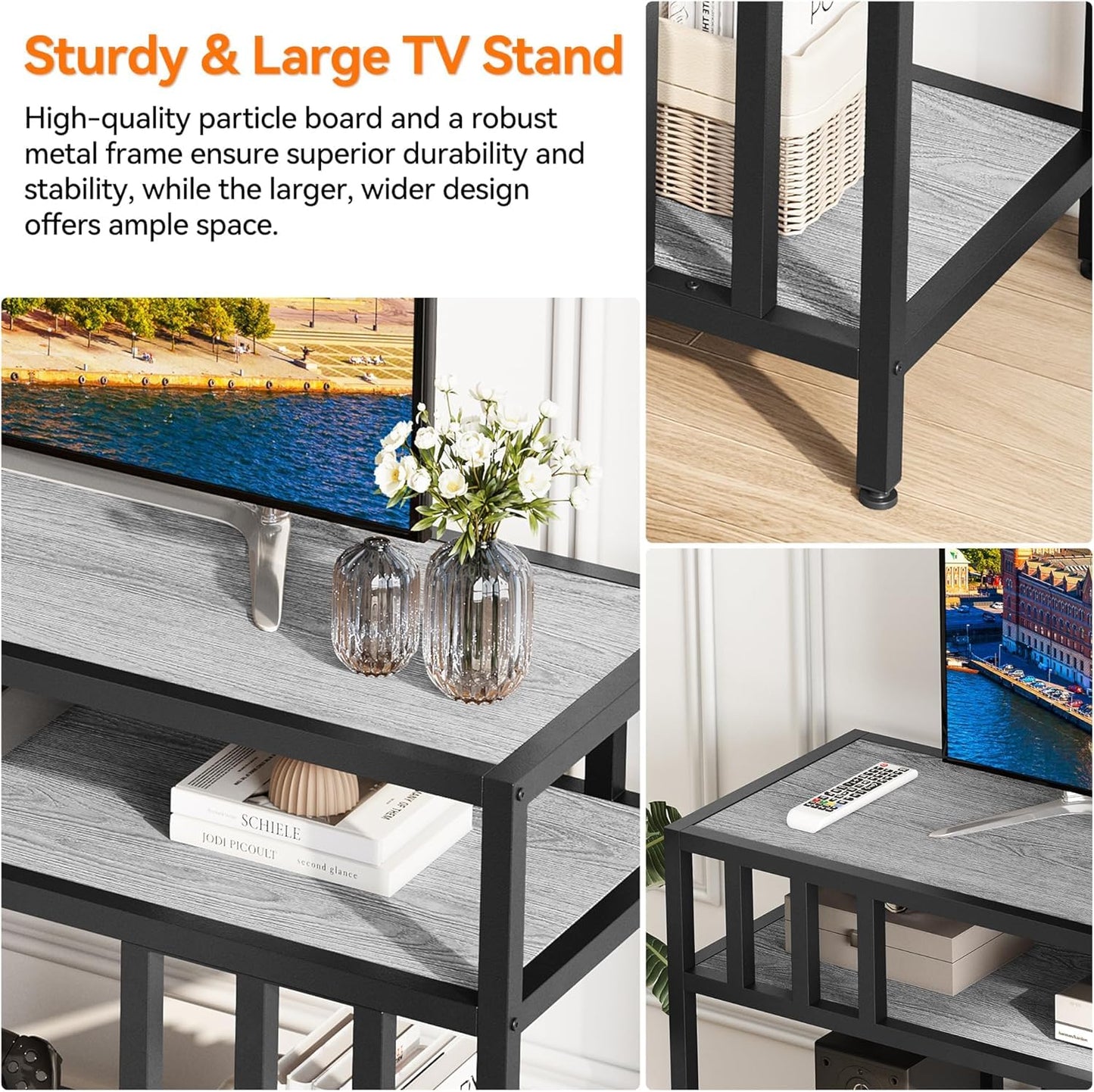 GarveeTech 58'' TV Stand Fits TV up to 65'', TV Media Console with 3-Tier Open Storage Shelves, Industrial Entertainment Center with Quadruple-Tube Support for Living Room, Gray