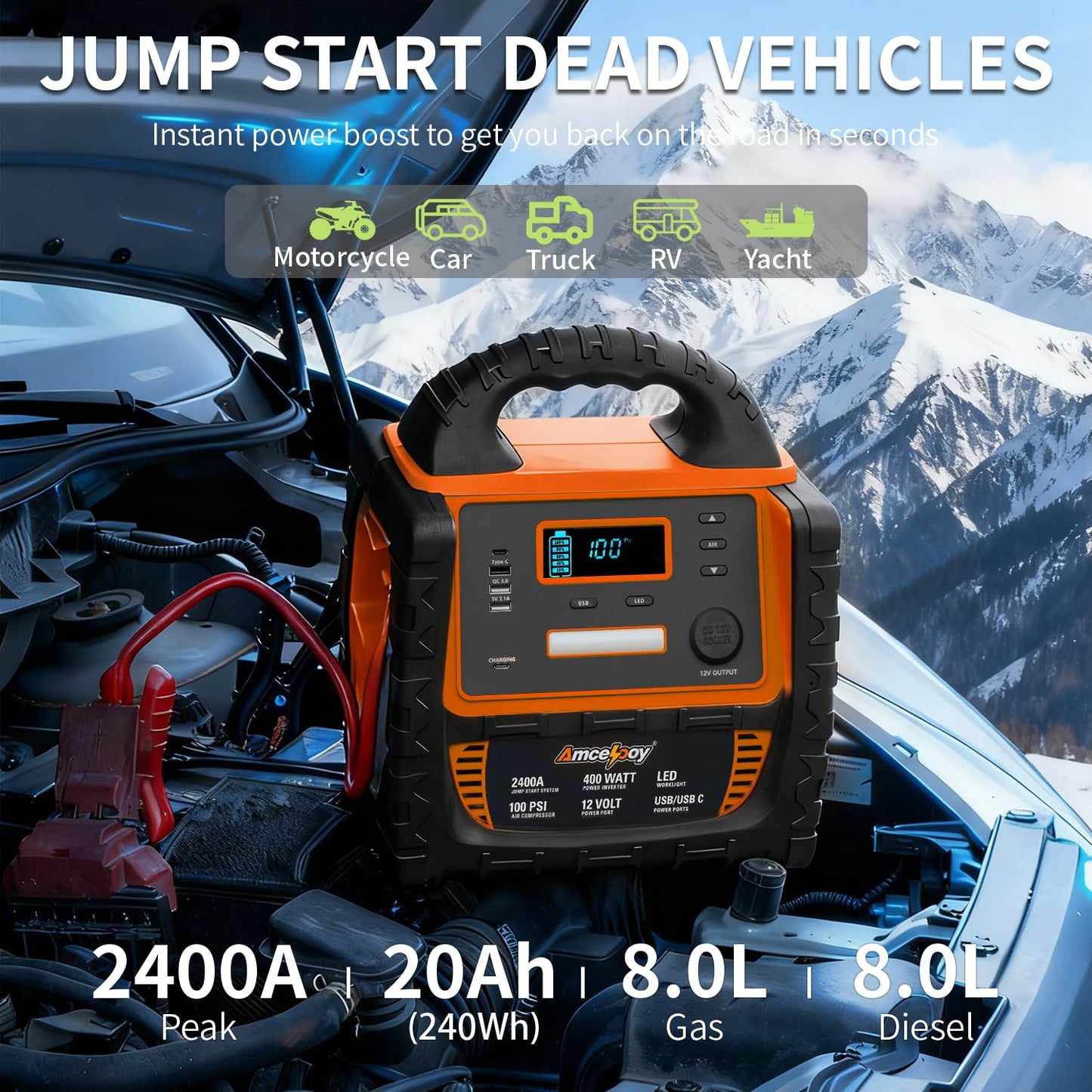 Amcelooy 2400A Car Battery Jump Starter and Portable Power Station – Starts 8.0L Gas & 8.0L Diesel – 6-in-1 Jump Starter with Air Compressor 100 PSI Tire Inflator – 400 Watt Inverter AC/DC/USB Outlets