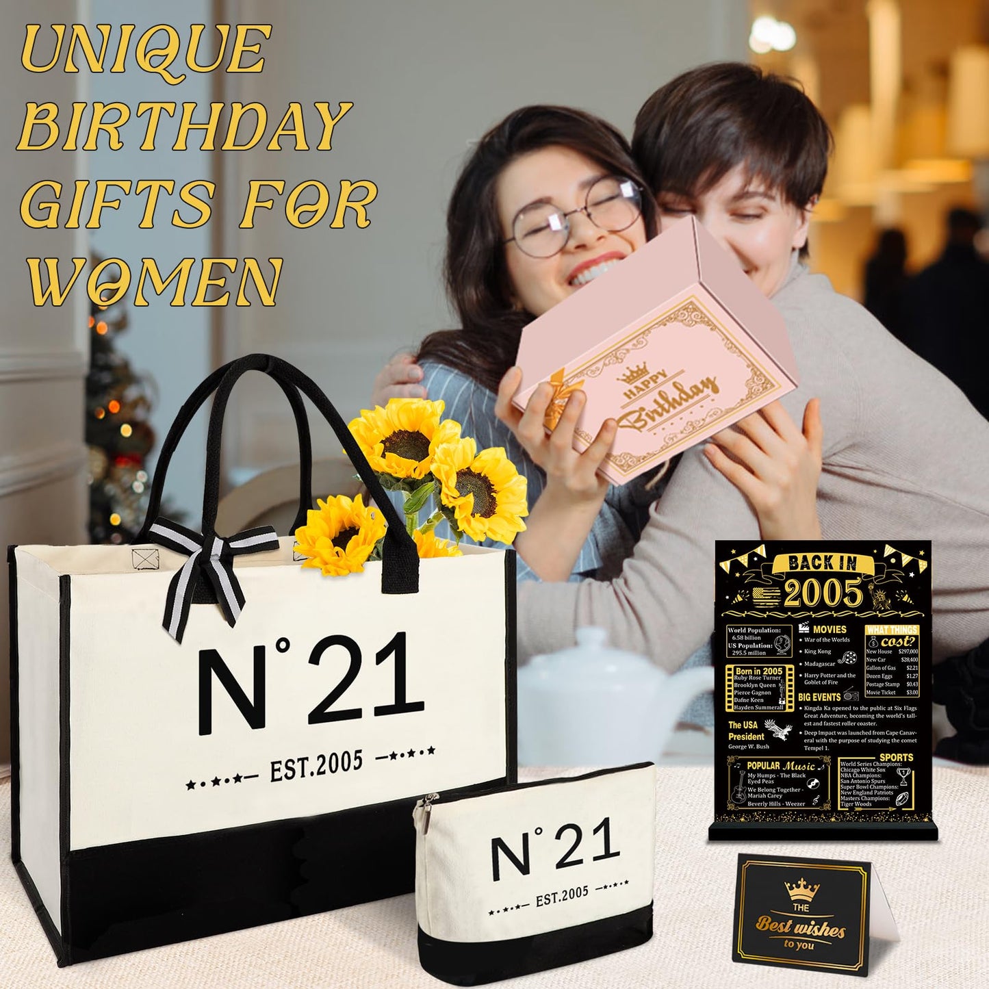 YeohJoy 21st Birthday Gifts for Her Reusable Grocery Bag, Unique 21 Years Old Birthday Gifts for Daughter Friends Girlfriend Classmates Sister Her, EST.2005 Bag & Makeup Bag & Back in 2005 Poster