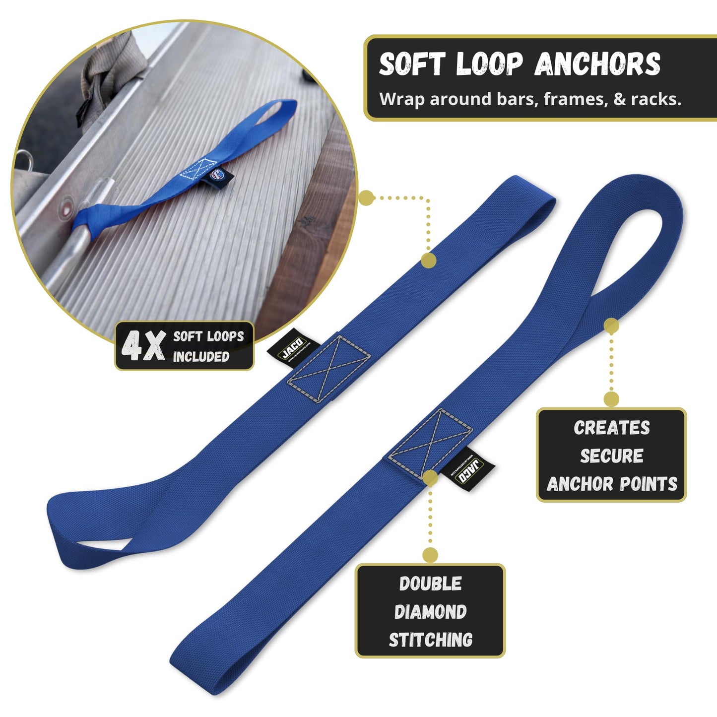 JACO Retractable Ratchet Straps - 1 in x 15 ft (4-Pack) (1,760lbs Break Strength) | Auto Self Retracting Cargo Tie Down Strap Set (Blue)
