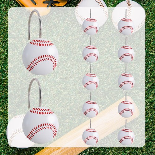 CTOHN 12PCS Baseball Shower Curtain Hooks, Sports Stainless Steel Decorative Shower Hangers Rings for Bathroom Decor