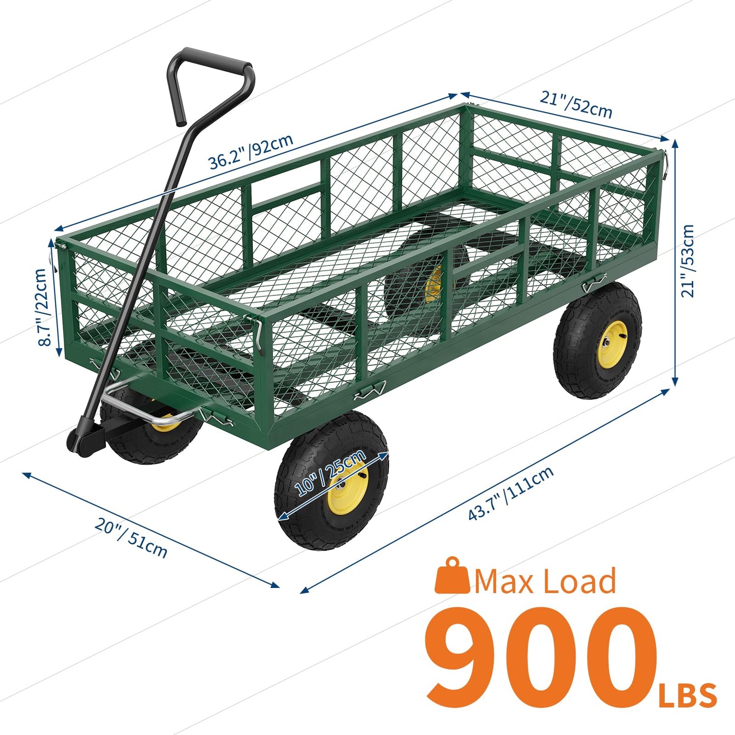 900 lbs Steel Garden Dump Cart with 10" Pneumatic Tires, Heavy Duty Yard Cart with 180°Rotating Handle & Removable Mesh Sides, Utility Dump Wagon for Lawn Farm Backyard, Green Black & Yellow