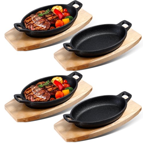 Mifoci 4 Pcs Mini Cast Iron Skillet with Wooden Base Small Cast Iron Fajita Plates Baker's Skillet Matte Black Pan Pot for Kitchen Restaurant Barbecue Dinner (8.5 x 6.1 x 1.7 Inches)