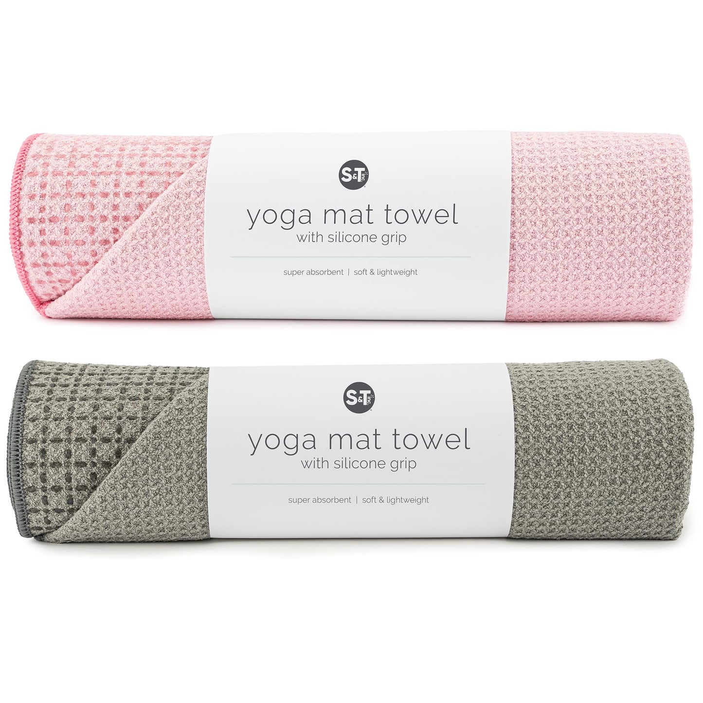 S&T INC. Yoga Mat Towel with Non-Slip Grip, Enhanced Silicone Grip, Soft and Absorbent for Gym, Pilates, and Hot Yoga Mat, 2 Pack, 24 inches x 72 inches, 340GSM, Pink and Grey