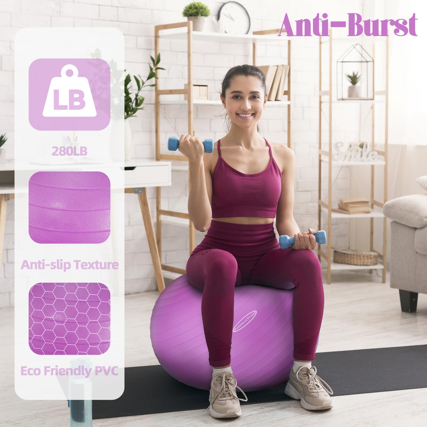 Fitvids Anti-Burst and Slip Resistant Exercise Yoga Ball with Quick Pump 48-55cm,M, Purple