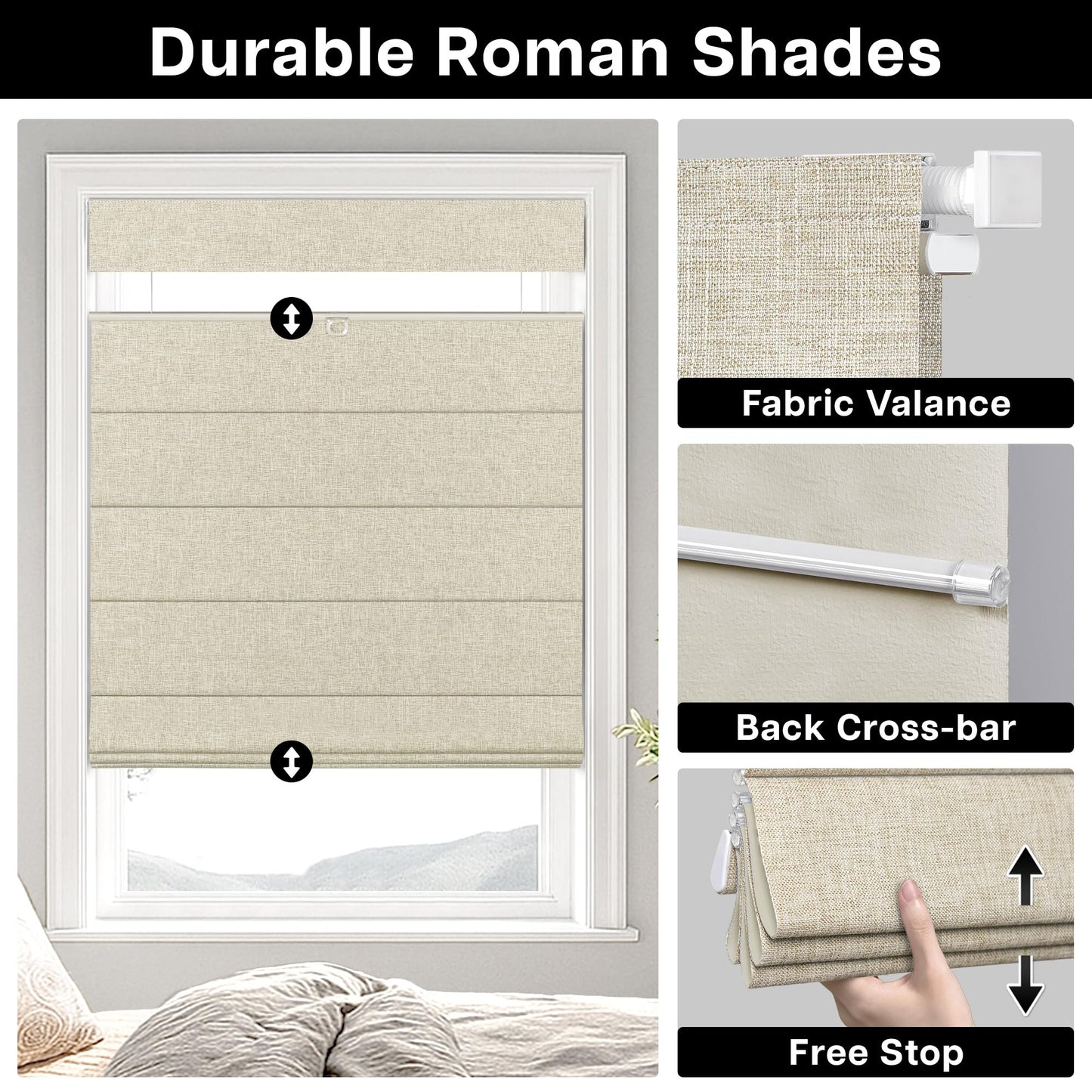 LazBlinds No Tools No Drill TDBU Cordless Roman Shades for Window, Thermal Insulated UV Blocking, 100% Blackout Fabric Blinds for Bedroom & Living Room, 42" W x 64" H, Blackout - Beige