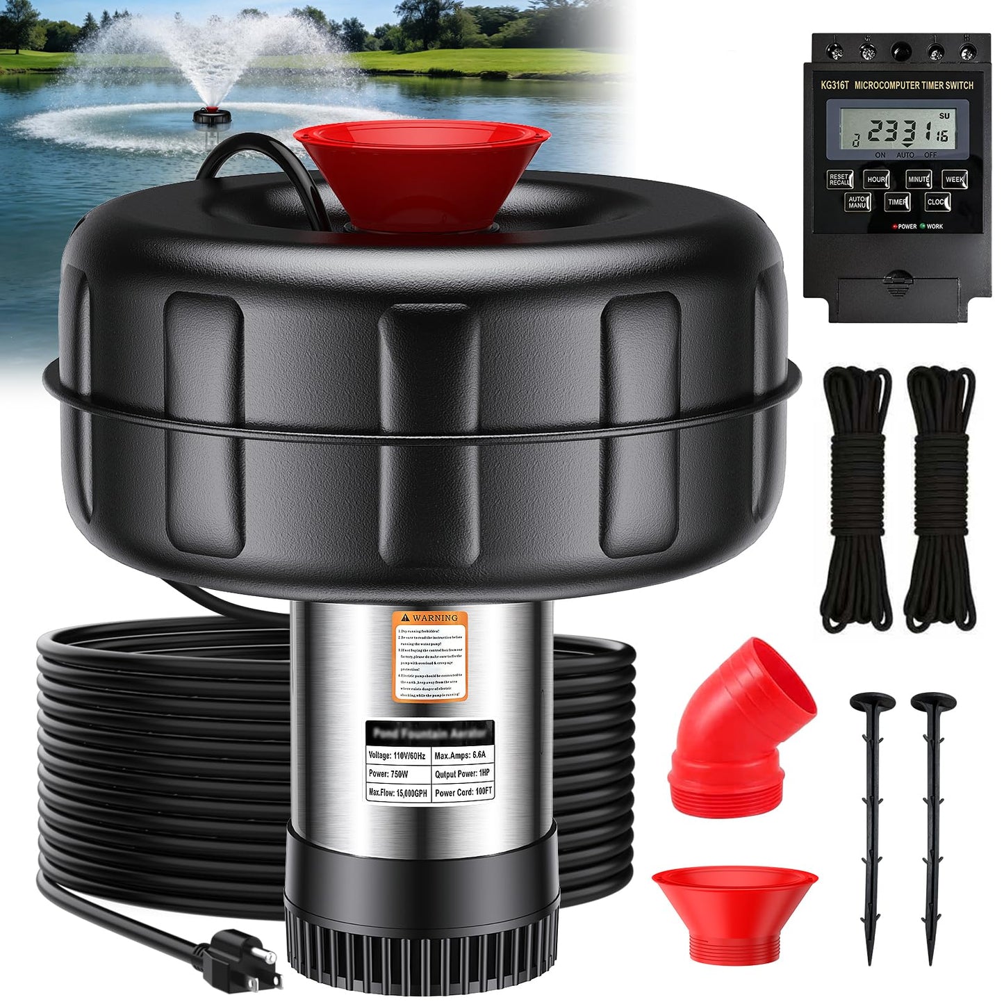 iCapeson Pond Fountain Aerator, 1HP 15000 GPH Floating Fountain Pump with Timer, 100FT Power Cord, 2x100 FT Traction Rope, Fully Automatic Powerful Aerating Fountain Water Circulation, Black