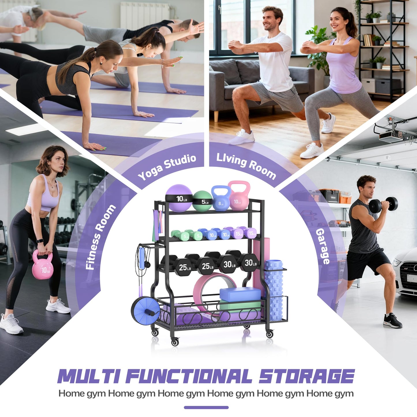 Dumbbell Weight Rack, Home Gym Storage for Kettlebells Yoga Mat and Balls, All in One Workout Storage with Wheels and Hooks, Powder Coated Finish Steel