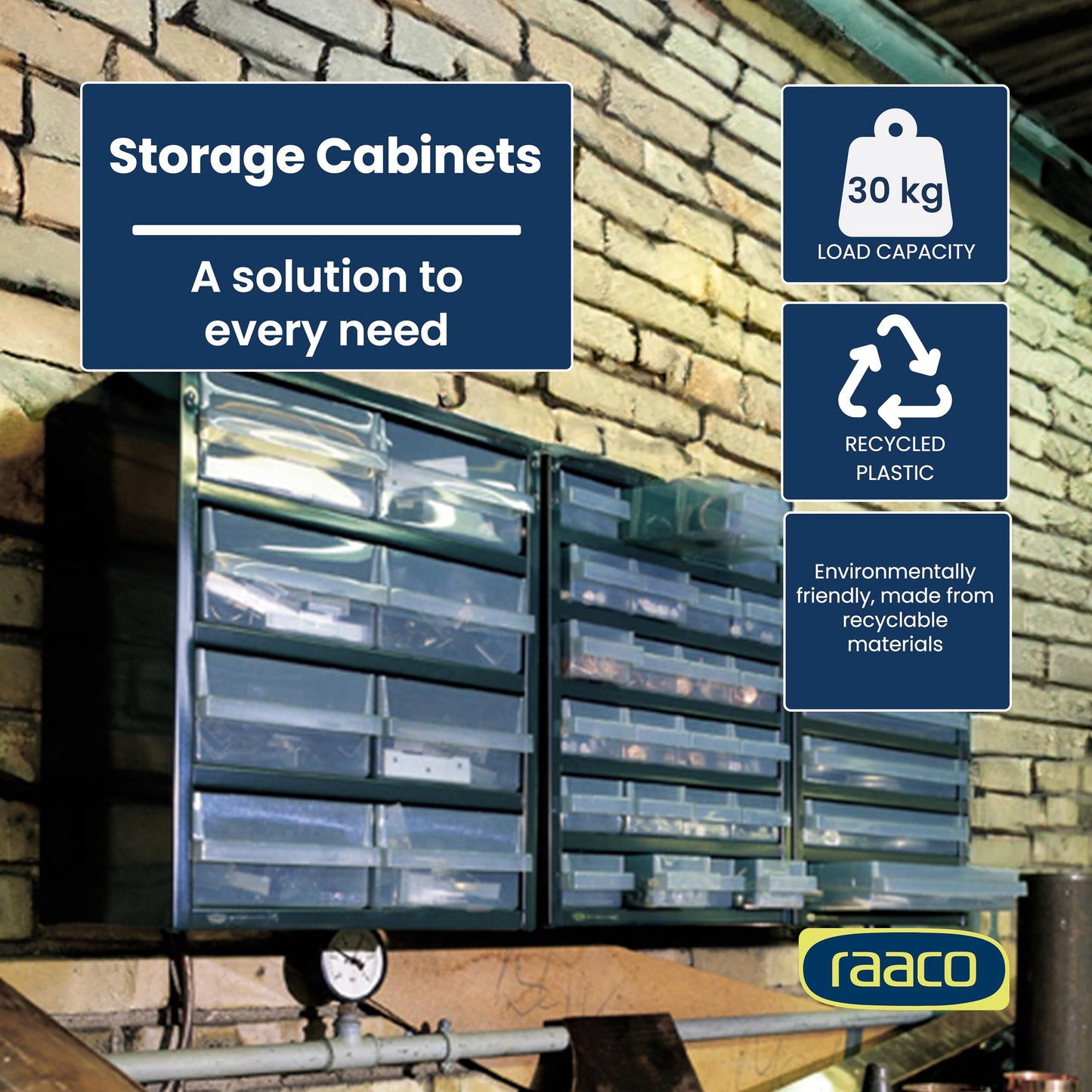 Raaco Steel Storage Cabinet, Tall 40-Drawer, Clear Polypropylene Plastic Drawer – Small Parts Organizer, Screws, Nuts & Bolts, Crafts & Hardware – Tool Cabinet for Workbench & Wall Storage (C10-40)