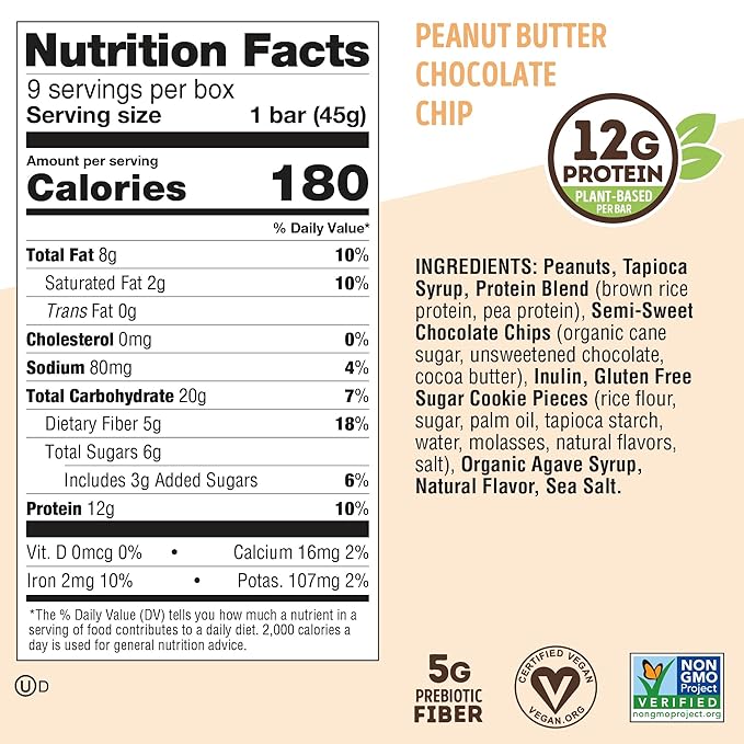 Lenny & Larry's Cookie-fied Protein Bar ??Peanut Butter Chocolate Chip Vegan 9x45g ??Healthy Snacks with 12g Plant Protein & 5g Fiber ??Gluten free Power Bar, Keto Friendly, Non-GMO & Vegan
